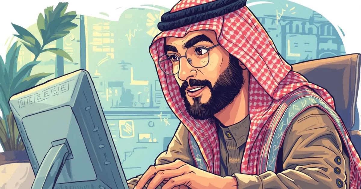 a man learning something for free online. he is curious and vivid