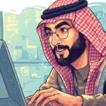 a man learning something for free online. he is curious and vivid