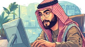 a man learning something for free online. he is curious and vivid