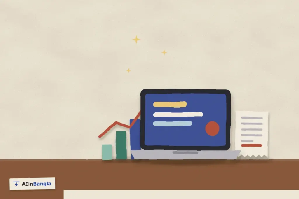 Google Sheets এ অর্ডারের হিসাব: ল্যাপটপ, ওপরে ওঠা বার চার্ট আর রসিদ, কাগজ কেটে বানানো ছবি
