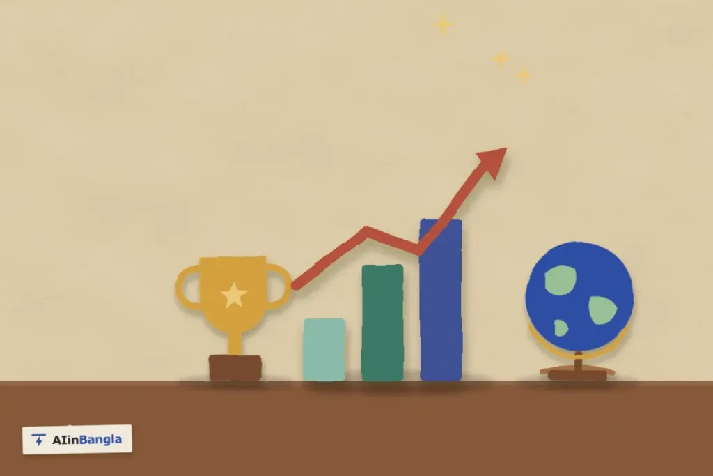 AI কনটেন্ট আর Google: ওপরে ওঠা বার চার্ট, ট্রফি আর গ্লোব, কাগজ কেটে বানানো ছবি