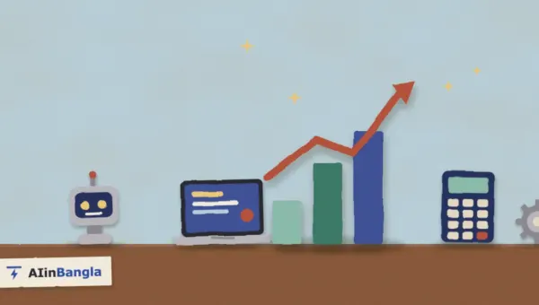 Excel আর Google Sheets ফর্মুলা: ওপরে ওঠা বার চার্ট, ল্যাপটপ, ক্যালকুলেটর আর রোবট, কাগজ কেটে বানানো ছবি