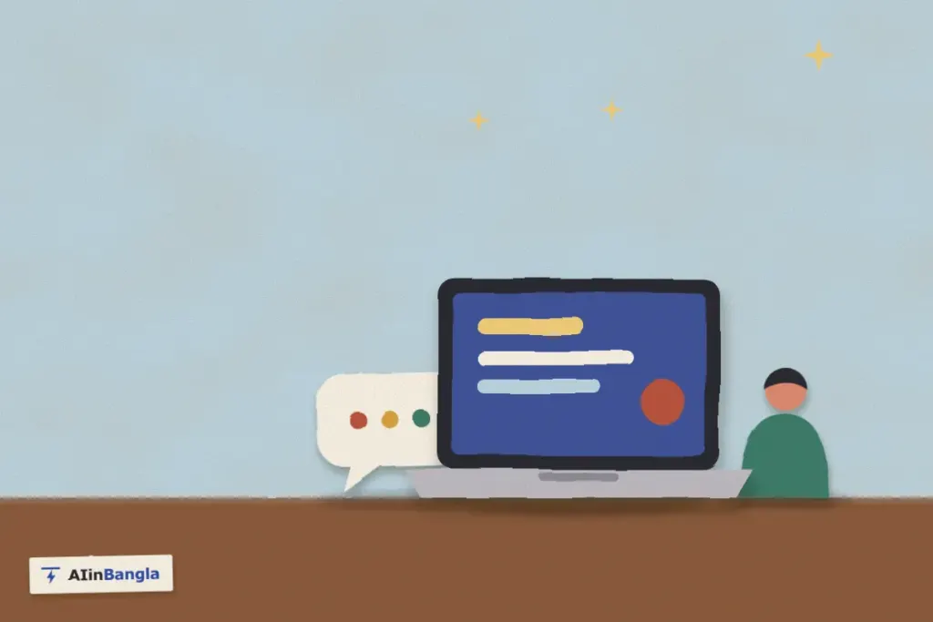 Fiverr এ প্রথম অর্ডার: ল্যাপটপ, মেসেজের বুদবুদ আর একজন মানুষ, কাগজ কেটে বানানো ছবি
