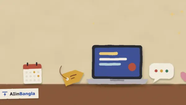 Fiverr এ প্রথম অর্ডার: ল্যাপটপ, দামের ট্যাগ, মেসেজের বুদবুদ আর ক্যালেন্ডার, কাগজ কেটে বানানো ছবি