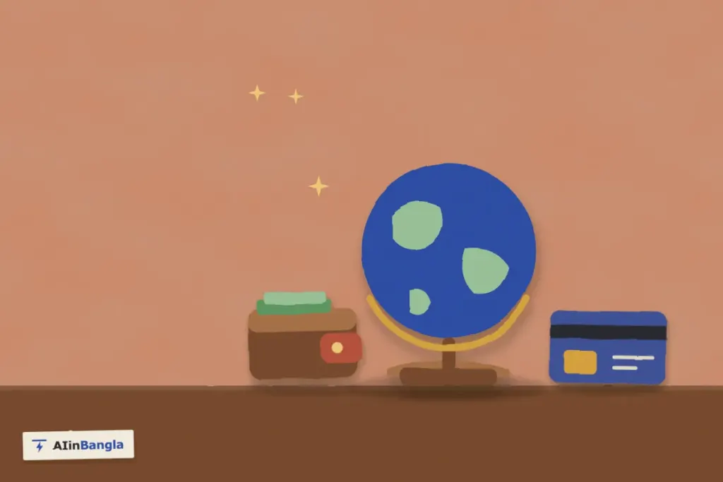 Fiverr থেকে টাকা তোলা: গ্লোব, মানিব্যাগ আর ব্যাংক কার্ড, কাগজ কেটে বানানো ছবি