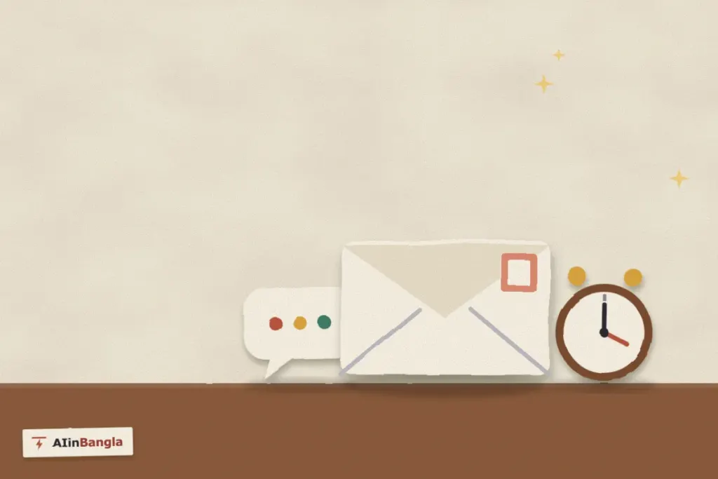 Claude দিয়ে Gmail আর Google Drive: ডাকটিকিট লাগানো খাম, মেসেজের বুদবুদ আর ঘড়ি, কাগজ কেটে বানানো ছবি