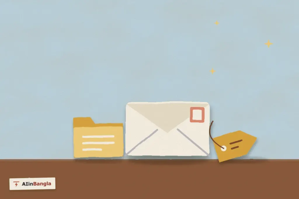 Gmail অটোমেশন: ডাকটিকিট লাগানো খাম, ফোল্ডার আর দামের ট্যাগ, কাগজ কেটে বানানো ছবি